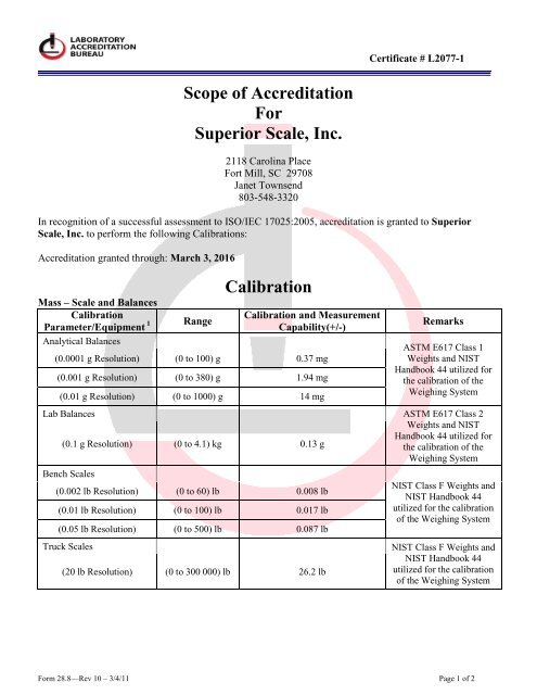 Scope Of Accreditation ISO/IEC 17025:2005 - Superior Scale, Inc.