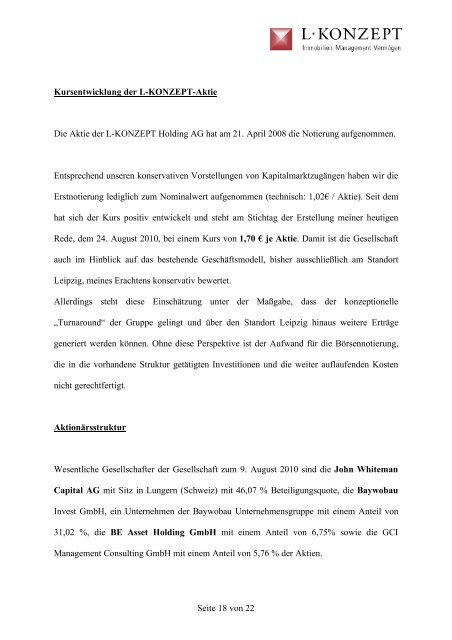 Rede des Vorstandes zur aoHV der L-KONZEPT Holding AG