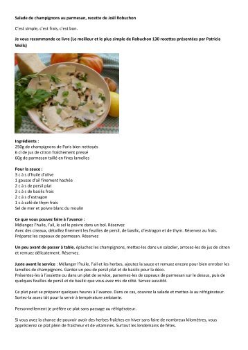 Salade de champignons au parmesan, recette de JoÃ«l Robuchon C ...