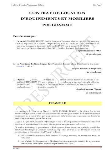 CONTRAT DE LOCATION - La Plagne