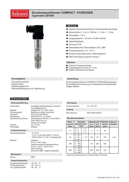 Druckmessumformer COMPACT HYDROGEN - LABOM