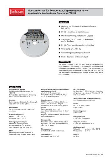 Messumformer fÃ¼r Temperatur, Kopfmontage fÃ¼r Pt 100, - LABOM