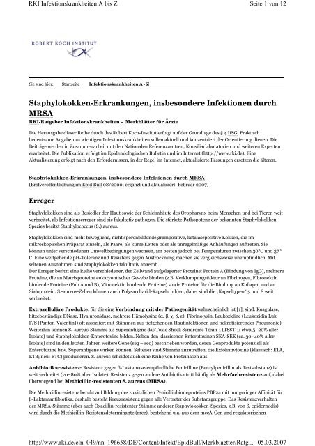 MRSA-Infektionen-Merkblatt des Robert-Koch-Instituts