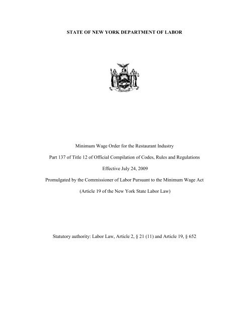 Minimum Wage Order For The Restaurant Industry New York State
