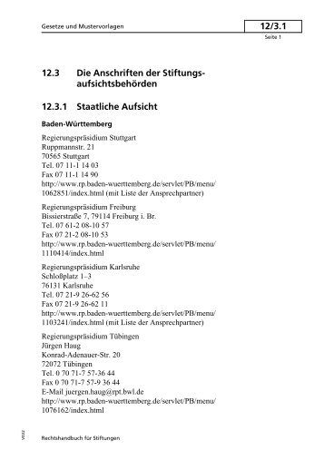 12.3 Die Anschriften der Stiftungs- aufsichtsbehçrden 12.3.1 ...