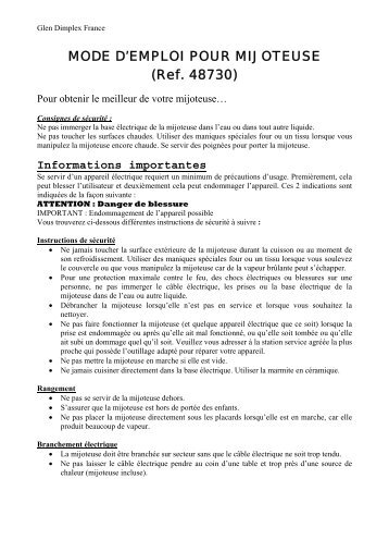 MODE D'EMPLOI POUR MIJOTEUSE (Ref. 48730)