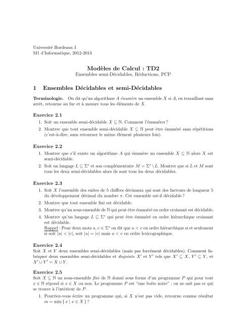 Mod Eles De Calcul Td2 1 Ensembles Da C Cidables Et Semi Labri