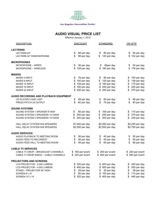 4 Audio Visual Price List - Los Angeles Convention Center