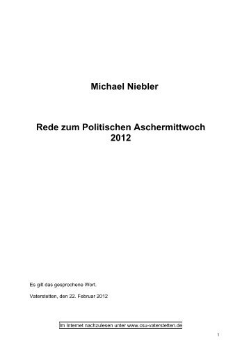 Michael Niebler Rede zum Politischen Aschermittwoch 2012