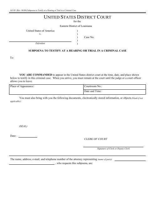 Subpoena to Testify at a Hearing or Trial in a Criminal Case