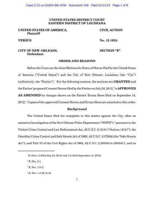 Consent Decree - US District Court - Eastern District of Louisiana