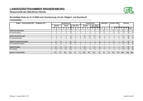 BerufstÃ¤tige Ãrzte am 31.12.2008 nach Anerkennung, Art der ...