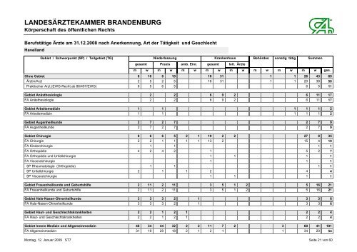 BerufstÃ¤tige Ãrzte am 31.12.2008 nach Anerkennung, Art der ...