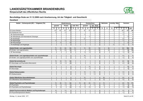 BerufstÃ¤tige Ãrzte am 31.12.2008 nach Anerkennung, Art der ...