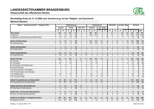 BerufstÃ¤tige Ãrzte am 31.12.2008 nach Anerkennung, Art der ...