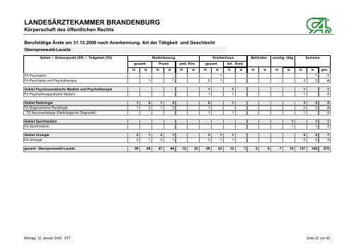 BerufstÃ¤tige Ãrzte am 31.12.2008 nach Anerkennung, Art der ...