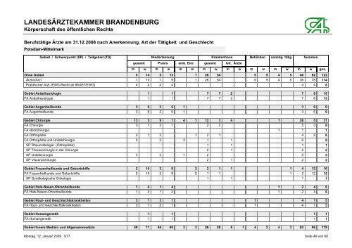 BerufstÃ¤tige Ãrzte am 31.12.2008 nach Anerkennung, Art der ...