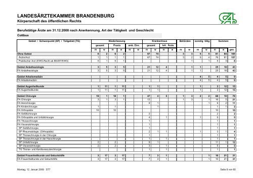 BerufstÃ¤tige Ãrzte am 31.12.2008 nach Anerkennung, Art der ...