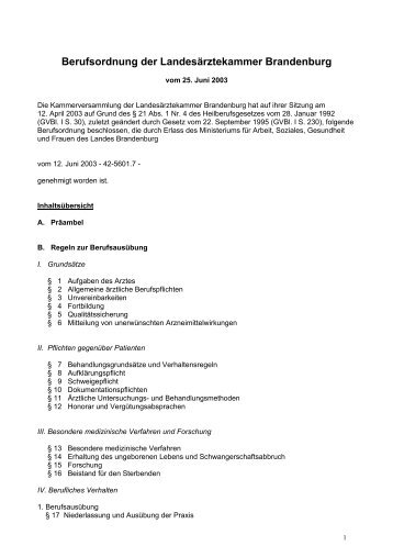 Berufsordnung der LandesÃ¤rztekammer Brandenburg - Dr. A. Kogan