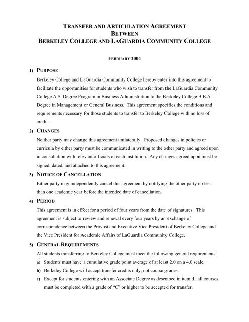 Transfer and Articulation Agreement - LaGuardia Community College