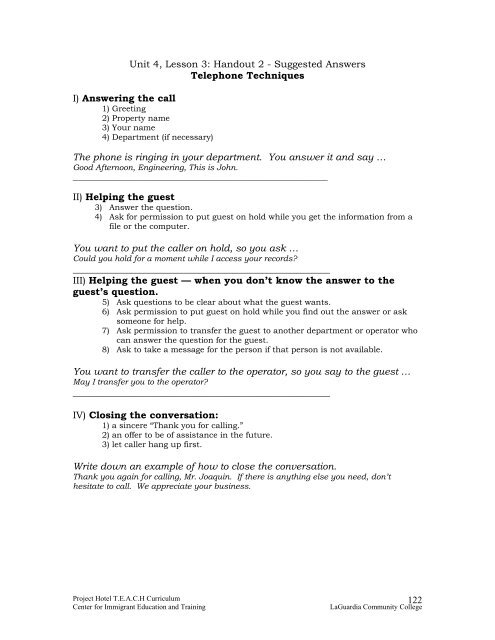 Unit 4: Explaining Hotel Services to Guests and Providing Information