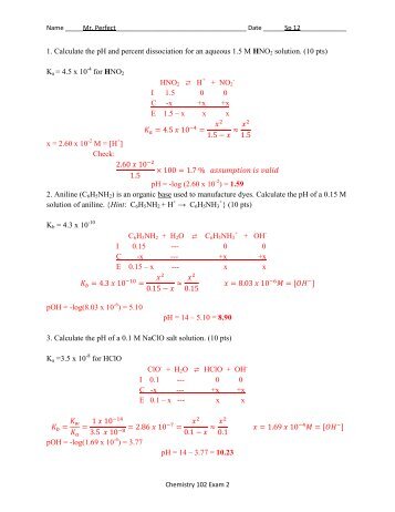 1. Calculate the pH and percent dissociation for an aqueous 1.5 M ...