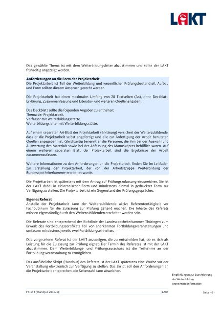 DurchfÃ¼hrungsempfehlungen Arzneimittelinformation (pdf ... - LAKT
