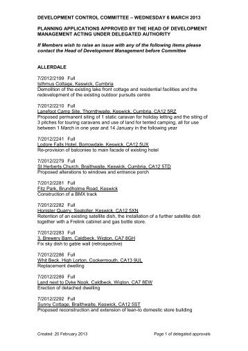 6 March 2013 Delegated Approvals - Lake District National Park