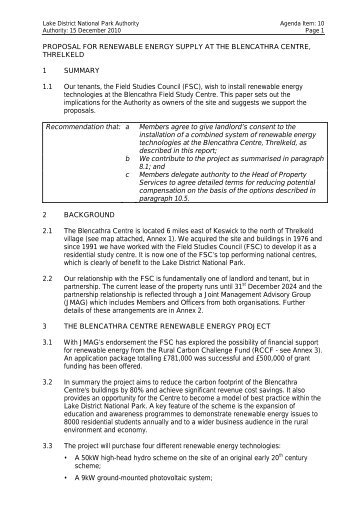 Proposals for Renewable Energy Supply at Blencathra Centre