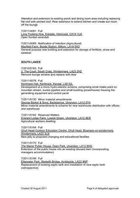 2011_09_07 Delegated Approvals (pdf) - Lake District National Park