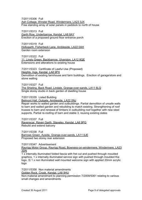 2011_09_07 Delegated Approvals (pdf) - Lake District National Park