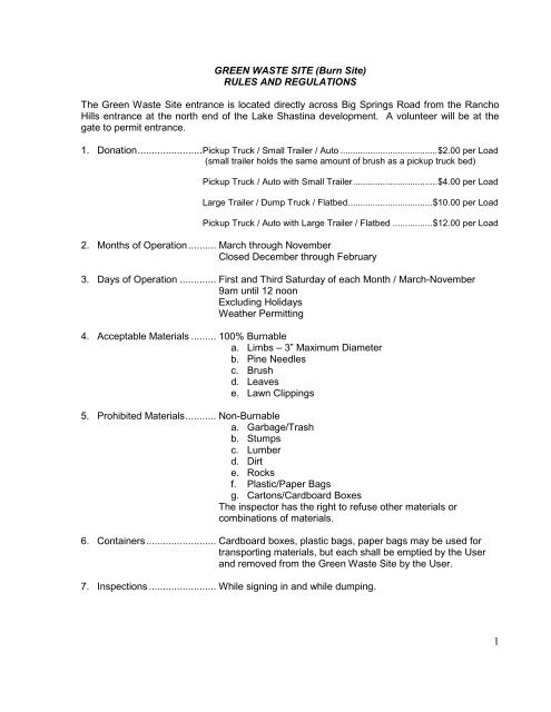 Burn Site Rules And Regulations Lake Shastina Property Owners