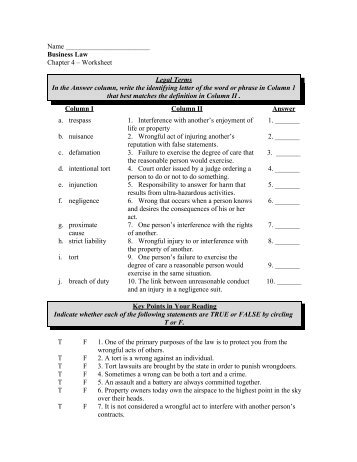 Business Law Chapter 4 â Worksheet Legal Terms In the Answer ...