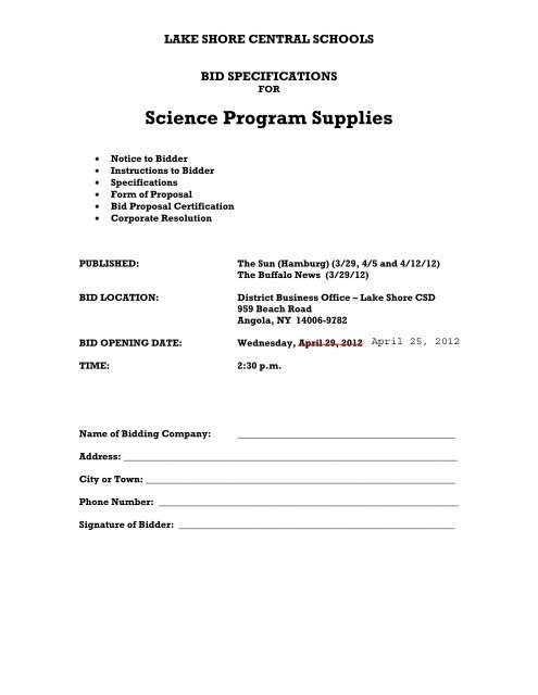 Science Program Supplies - Lake Shore Central School District ...