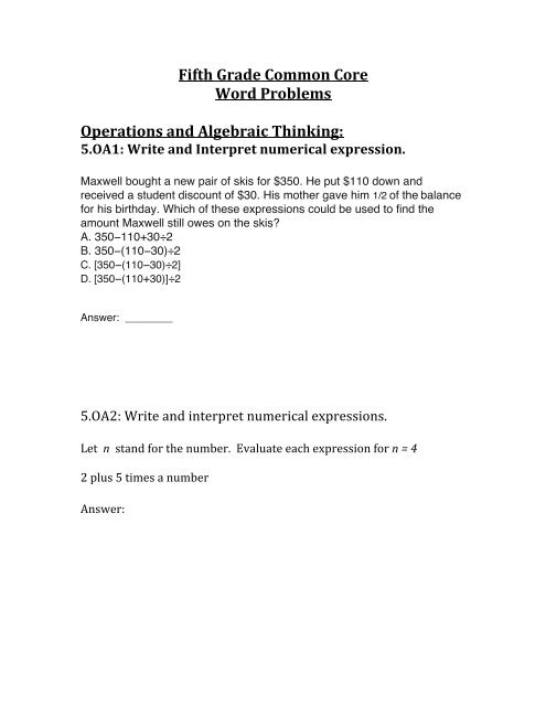 5Th Grade Common Core Math Word Problems
