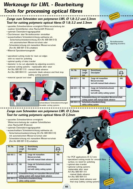 Werkzeuge für LWL - Bearbeitung Tools for processing optical fibres