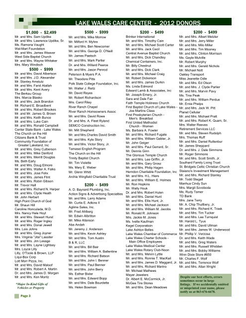 Lake Wales Care Center >> Page 2 Annual Report 2012 Lake Wales Care Center >> Page 2 Annual Report 2012