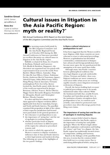 Cultural issues in litigation in the Asia Pacific Region: myth ... - Lalive