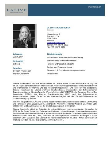 Dr. Simone NADELHOFER Counsel LÃ¶wenstrasse 2 ... - Lalive