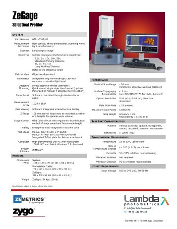 Zemetrics ZeGage Specifications - Lambda Photometrics