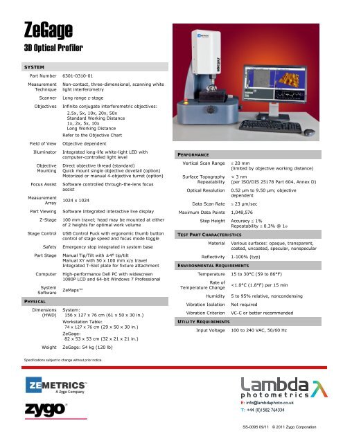 Zemetrics ZeGage Specifications - Lambda Photometrics