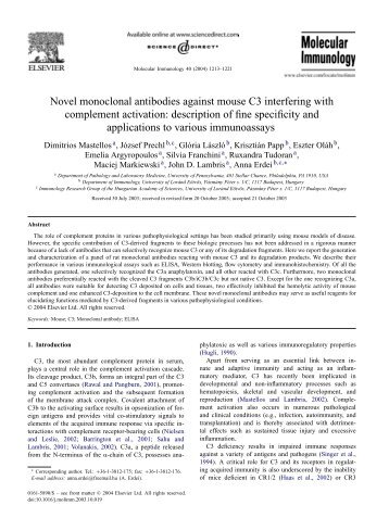 Novel monoclonal antibodies against mouse C3 ... - John D. Lambris