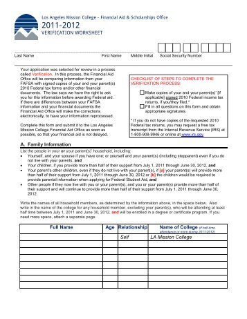 VERIFICATION WORKSHEET - Los Angeles Mission College