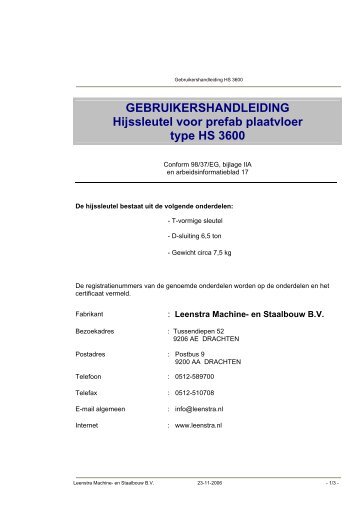 handleiding hijssleutels leenstra type hs3600 - Lammerts ...