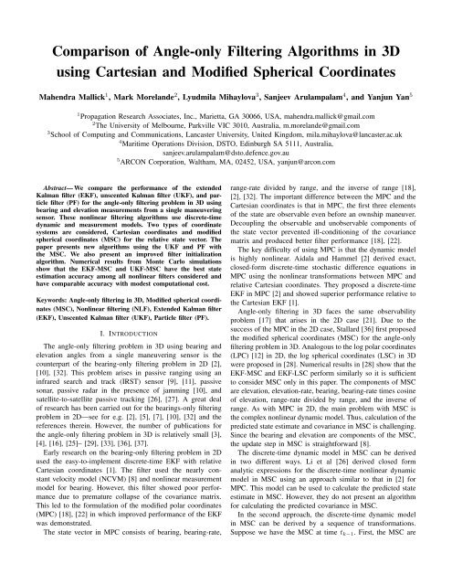 Comparison of Angle-only Filtering Algorithms in 3D using Cartesian ...