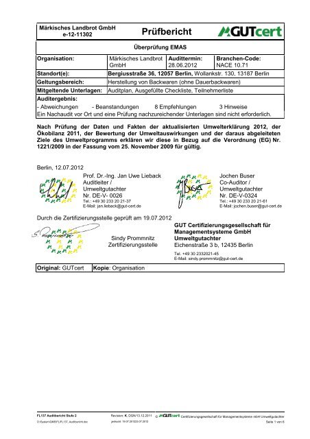 Auditbericht Stufe 2 - MÃ¤rkisches Landbrot