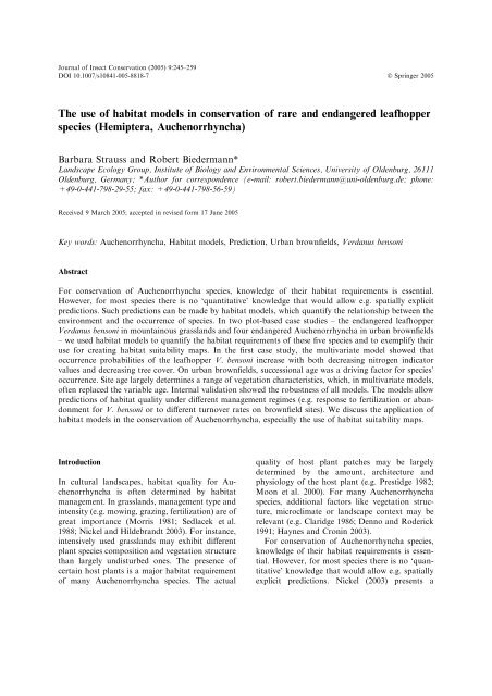 The use of habitat models in conservation of rare and endangered ...
