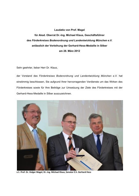 Laudatio auf Dr. Michael Klaus - Lehrstuhl fÃ¼r Bodenordnung und ...