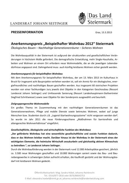 Beispielhafter Wohnbau 2012 - Landentwicklung - Steiermark