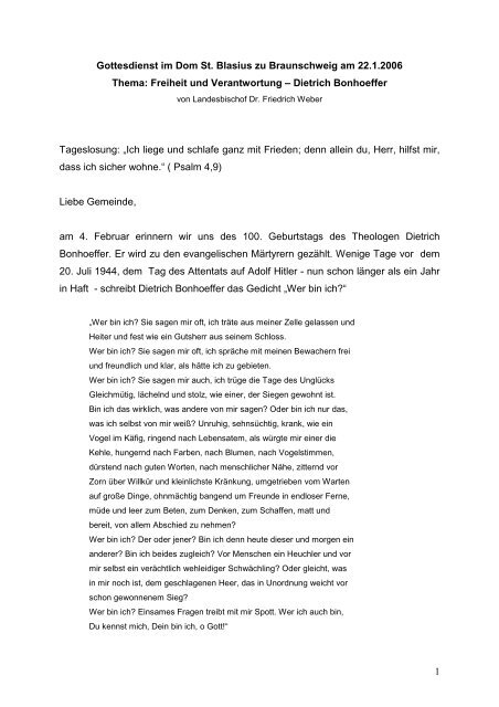 Freiheit und Verantwortung - Dietrich Bonhoeffer - Evangelisch ...